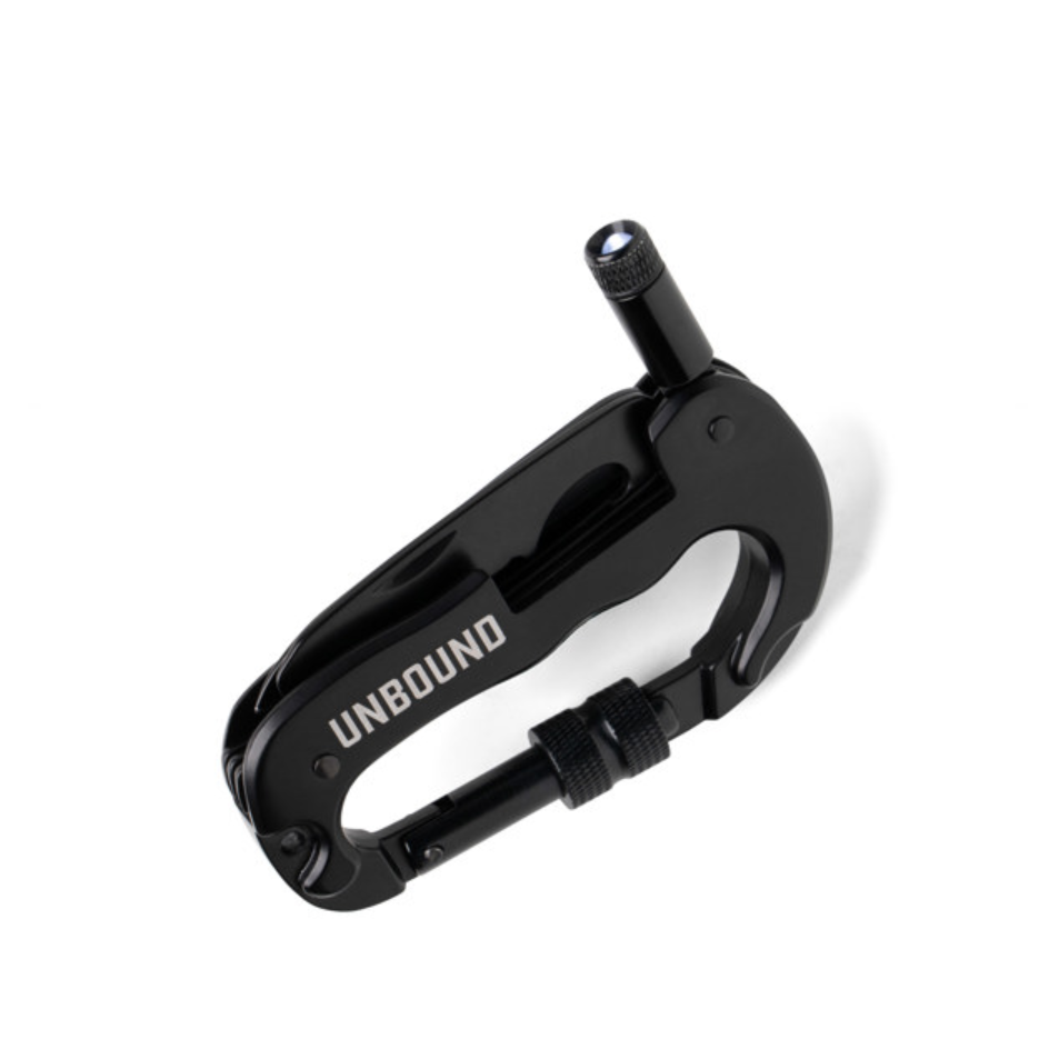 Black carabiner with 'UNBOUND' branding on a white background