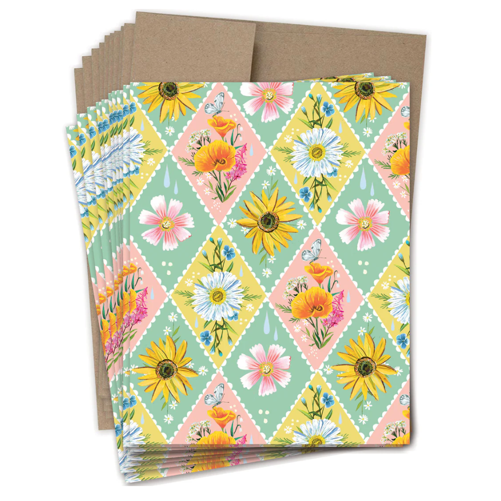 Diamond Pattern Notecard Set - White Farmhouse Flowers