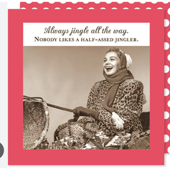 Vintage-style image of a woman with text overlay on a red border