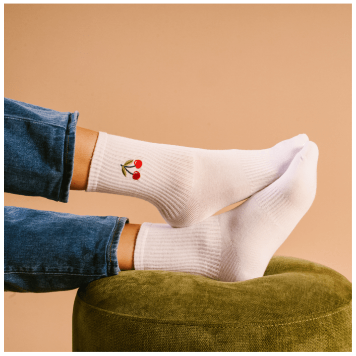 Embroidered Crew Socks - Cherries - White Farmhouse Flowers