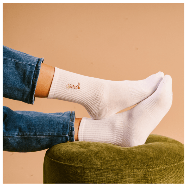 Embroidered Crew Socks - Cowgirl Boot - White Farmhouse Flowers
