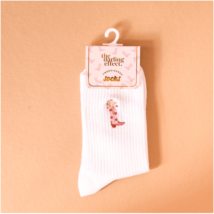Embroidered Crew Socks - Cowgirl Boot - White Farmhouse Flowers