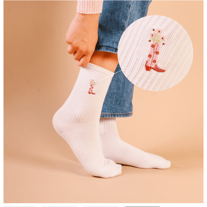 Embroidered Crew Socks - Cowgirl Boot - White Farmhouse Flowers