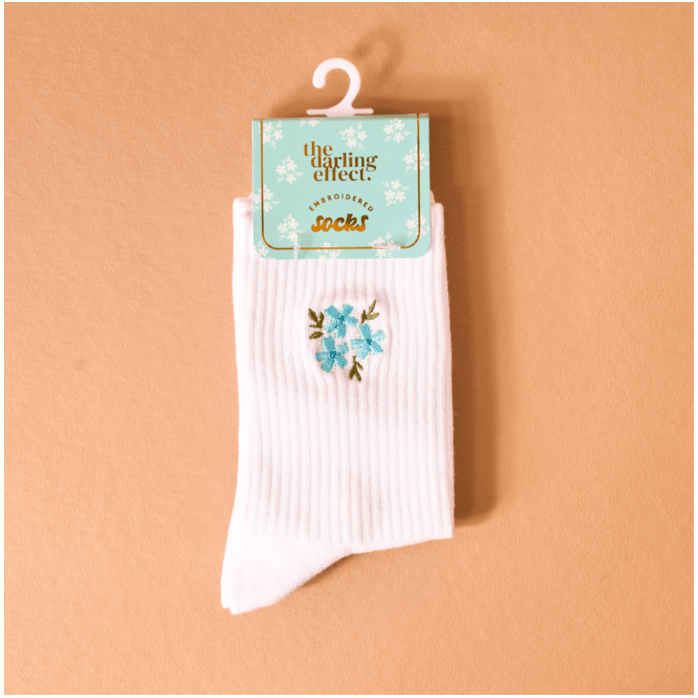 Embroidered Crew Socks - Floral Blue - White Farmhouse Flowers
