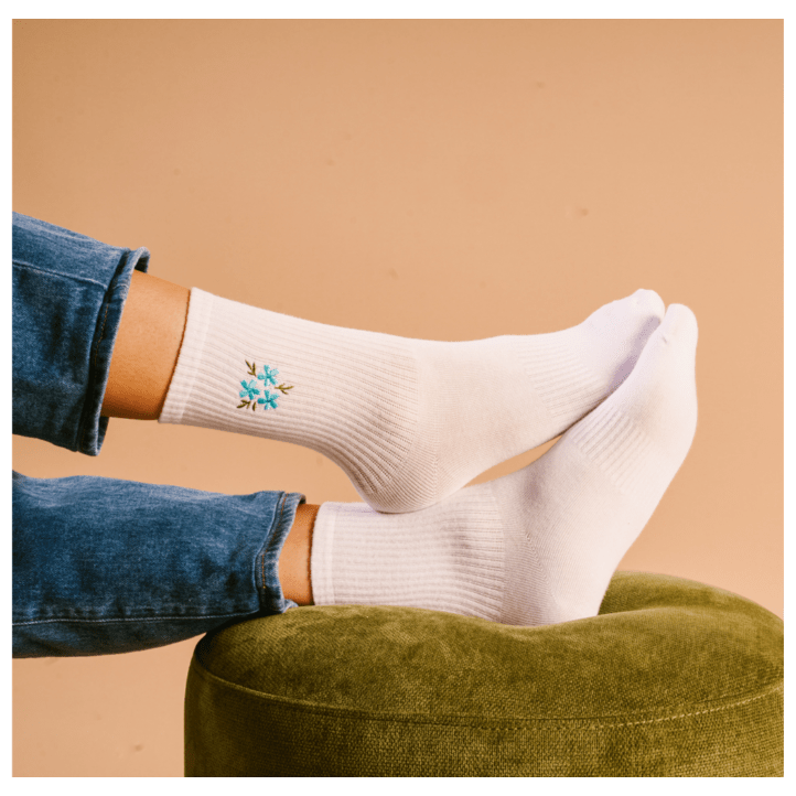 Embroidered Crew Socks - Floral Blue - White Farmhouse Flowers