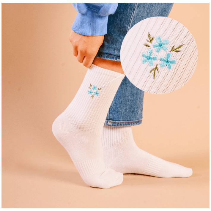 Embroidered Crew Socks - Floral Blue - White Farmhouse Flowers