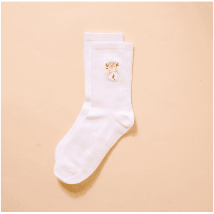 Embroidered Crew Socks - Floral Pink - White Farmhouse Flowers