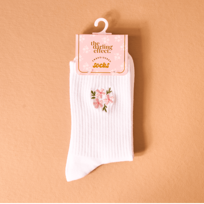 Embroidered Crew Socks - Floral Pink - White Farmhouse Flowers