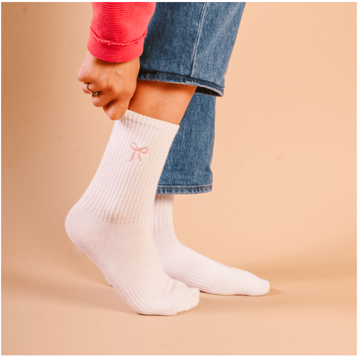 Embroidered Crew Socks - Pink Bow - White Farmhouse Flowers