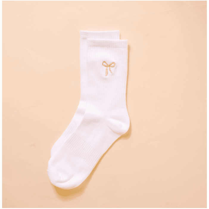 Embroidered Crew Socks - Pink Bow - White Farmhouse Flowers