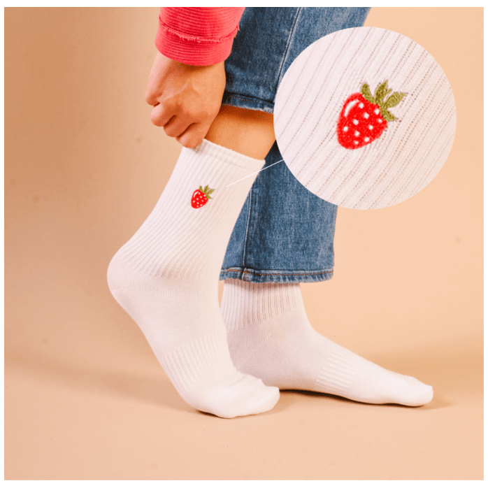 Embroidered Crew Socks - Strawberries - White Farmhouse Flowers