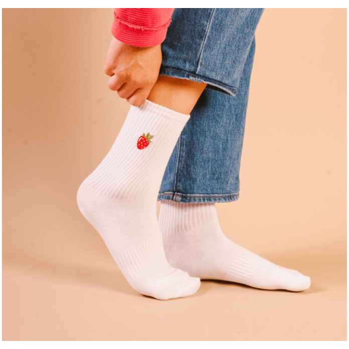 Embroidered Crew Socks - Strawberries - White Farmhouse Flowers