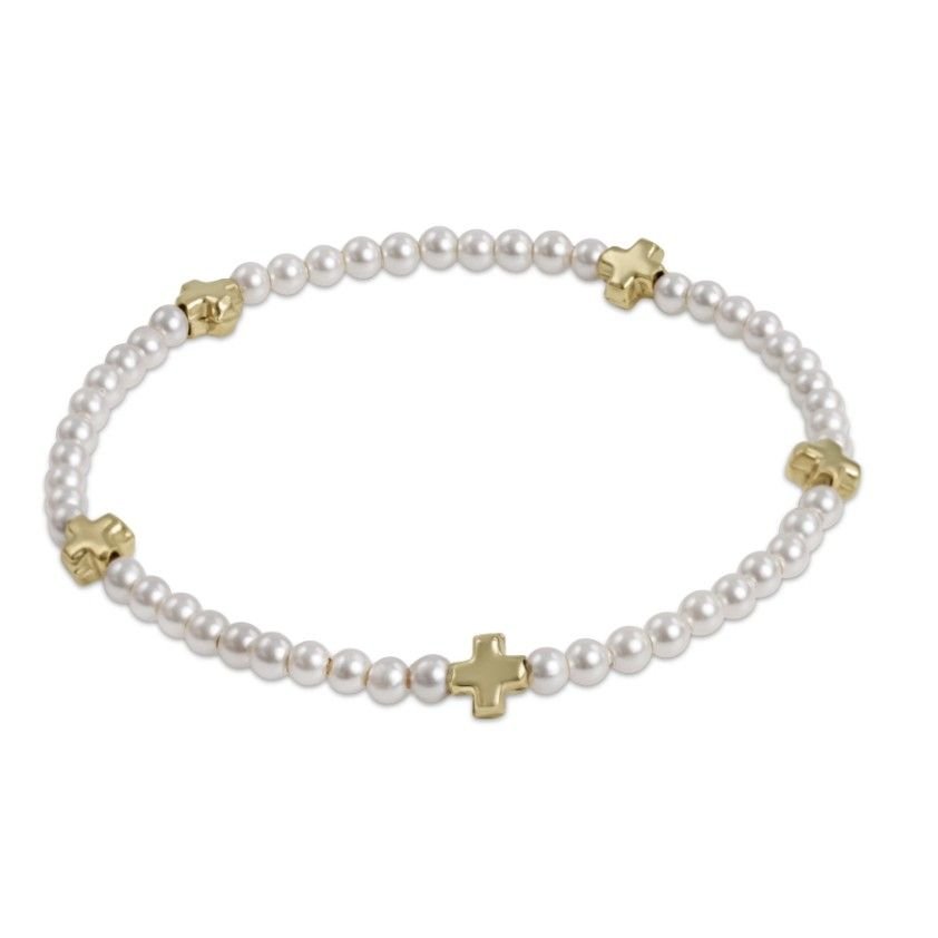 eNewton Signature Cross Small 3mm Pearl Bracelet - Gold - White Farmhouse Flowers