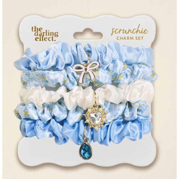 Fancy Blue Scrunchie Charm Set - White Farmhouse Flowers