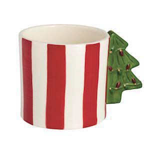 Red and white striped mug with a green Christmas tree-shaped handle on a white background