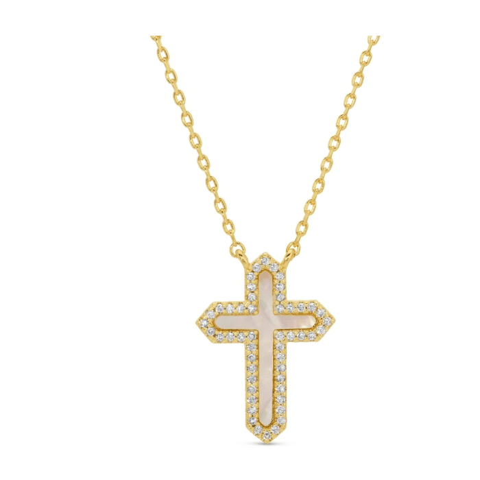 Feel the Faith Shell Pave Cross Necklace - White Farmhouse Flowers