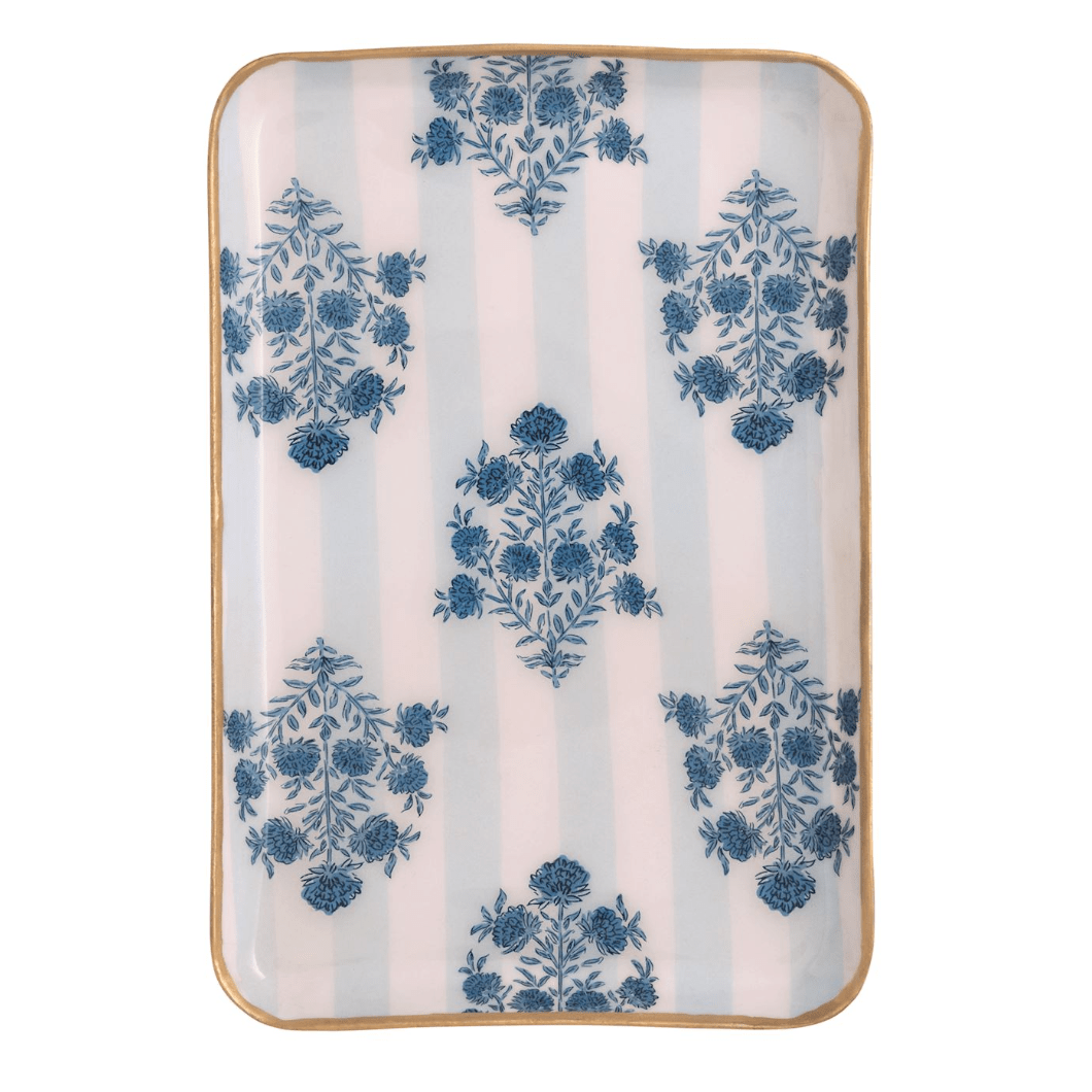 Floral Stripe Blue Trinket Tray - White Farmhouse Flowers
