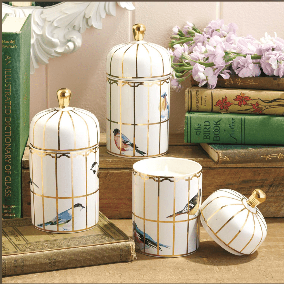 Gilded Cage Lidded Fill Candle with Lemon Verbena - White Farmhouse Flowers