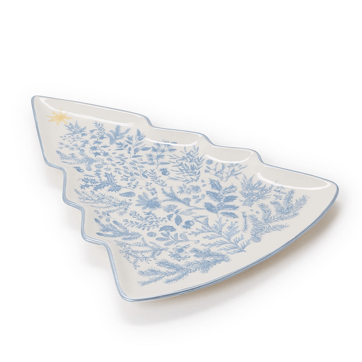Gilded Cottage Christmas Tree Shape Plate with Blue Rim - White Farmhouse Flowers
