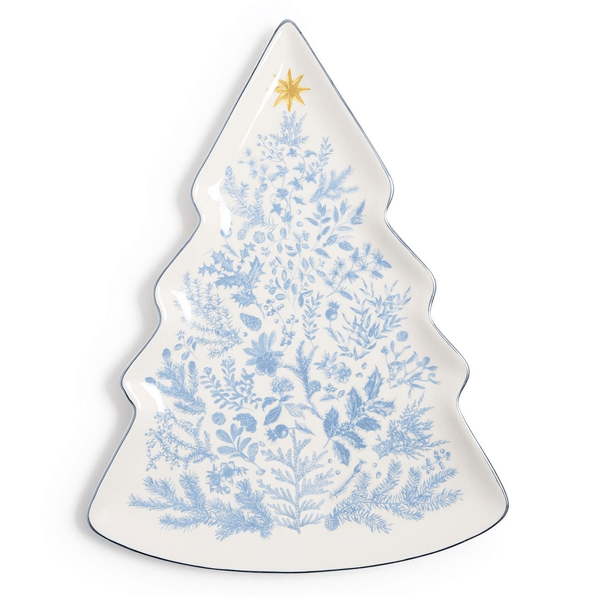 Gilded Cottage Christmas Tree Shape Plate with Blue Rim - White Farmhouse Flowers