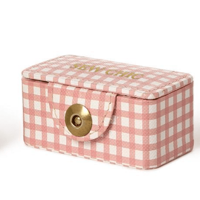 Gingham Printed Eco Leatherette Sewing Kit Box - White Farmhouse Flowers