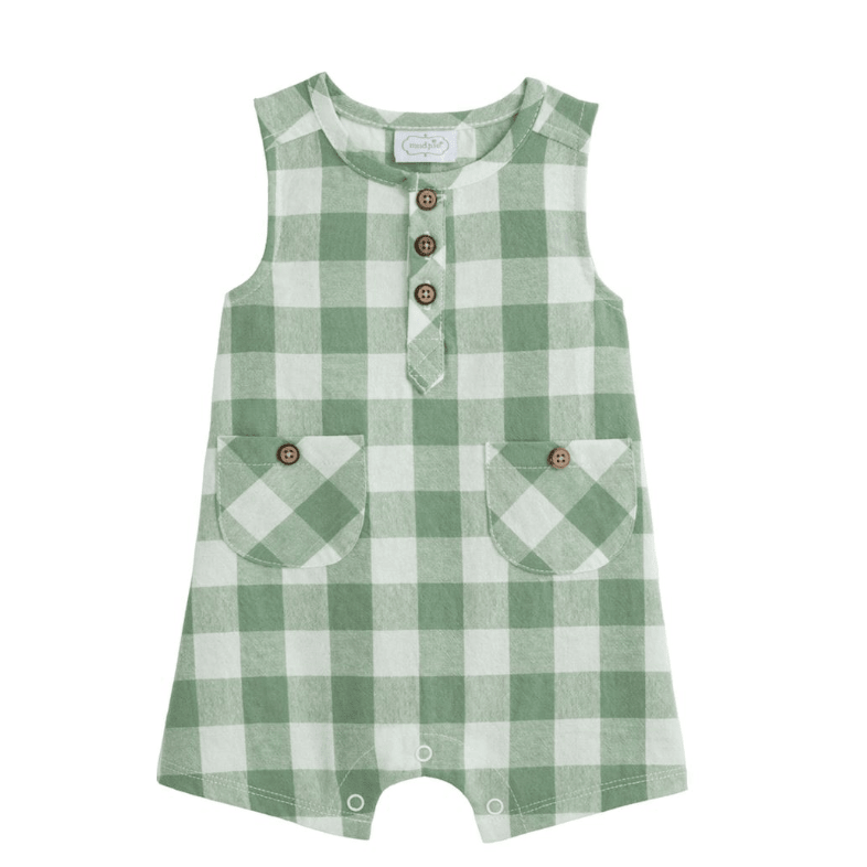 Green Check Romper - White Farmhouse Flowers
