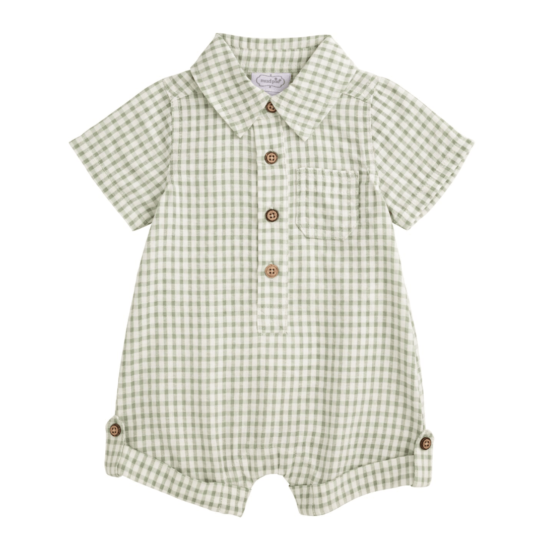 Green Gingham Baby Shortall - White Farmhouse Flowers