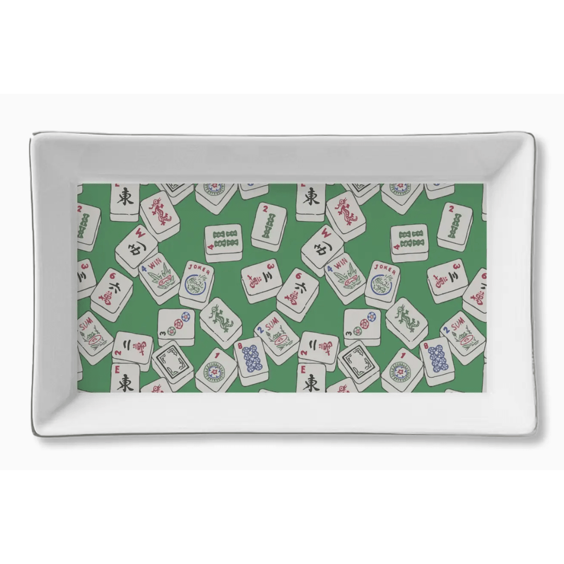 Green Mahjong Ceramic Tray - White Farmhouse Flowers