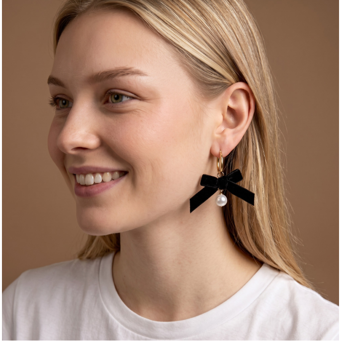 A close-up of a smiling blonde woman wearing a dangling earring with a black velvet bow and a small white pearl, against a warm brown background.