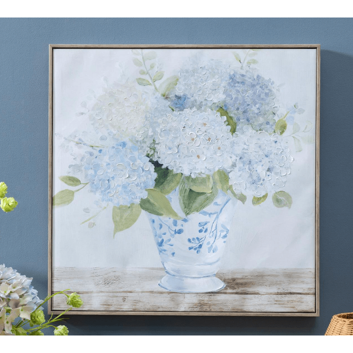 Hydrangeas in Blue and White Vase Canvas - White Farmhouse Flowers