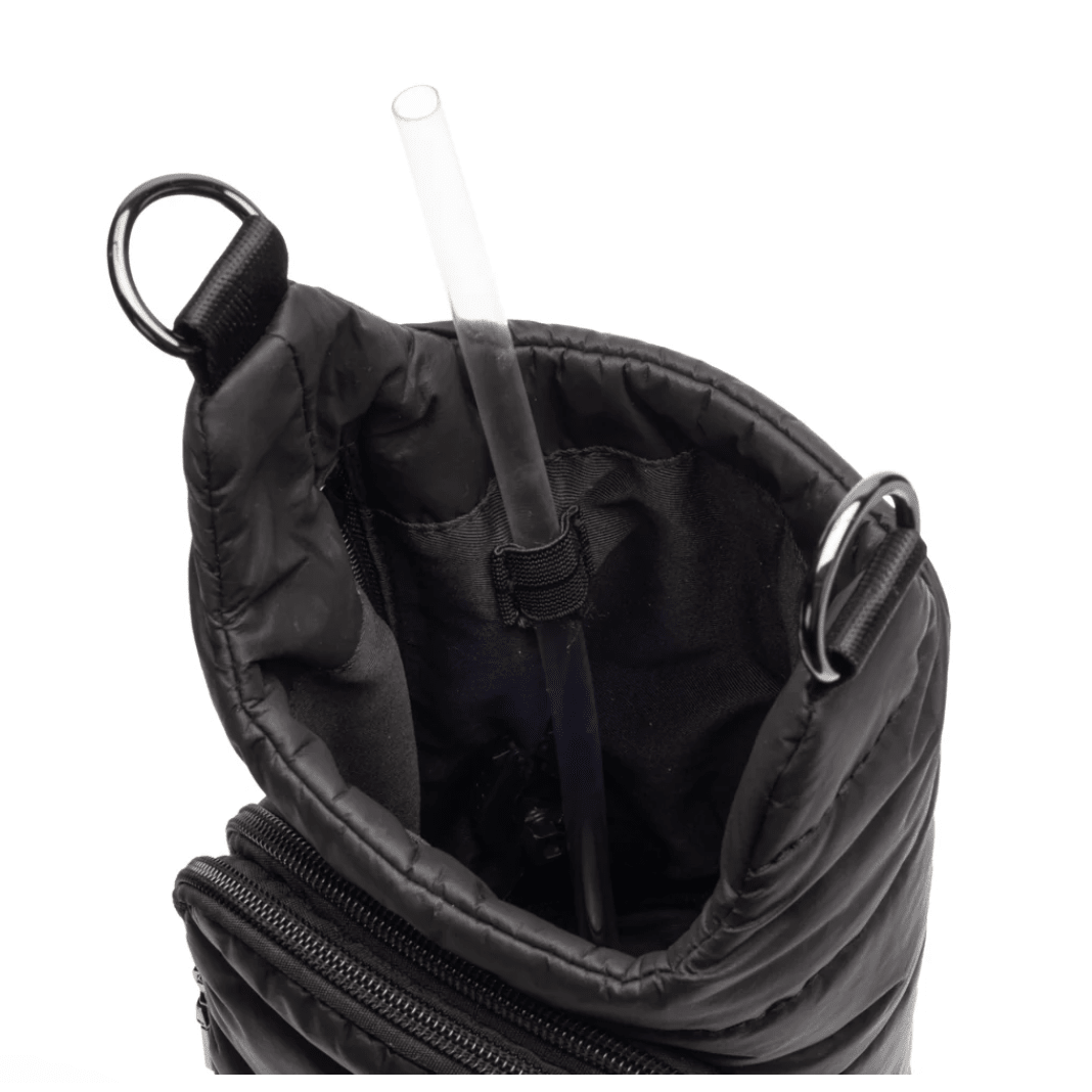 HydroBag Handle Black Matte with Gray, Black, White Striped Strap - White Farmhouse Flowers