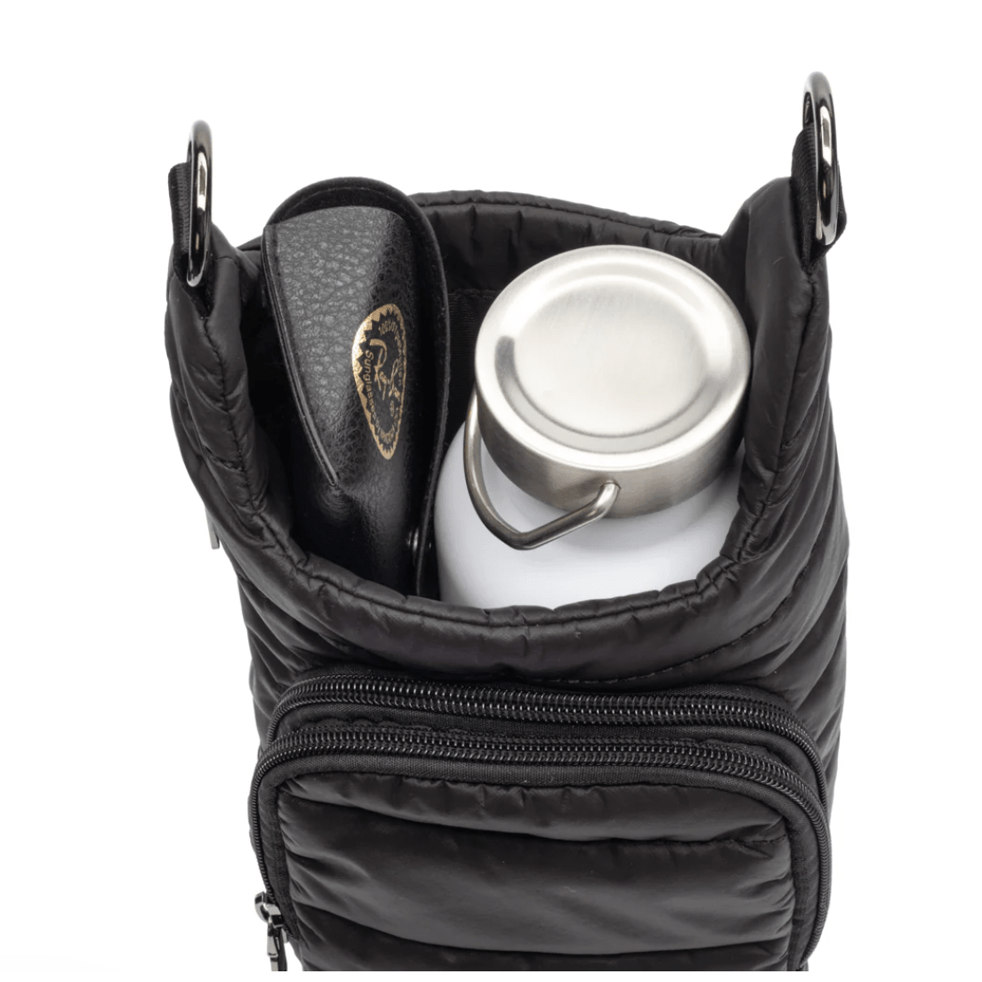 HydroBag Handle Black Matte with Gray, Black, White Striped Strap - White Farmhouse Flowers