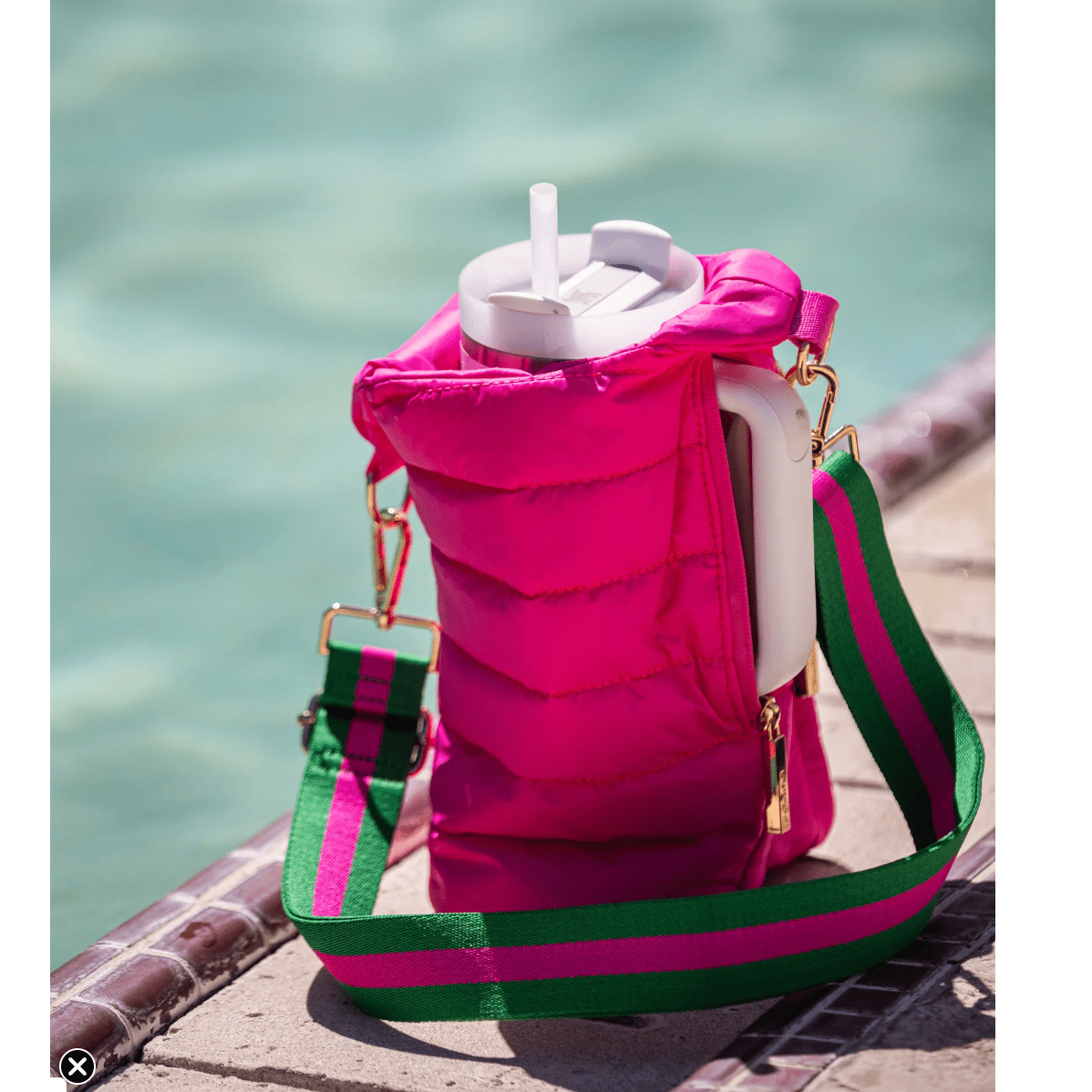 HydroBag Handle Bright Pink with Pink and Green Striped Strap - White Farmhouse Flowers