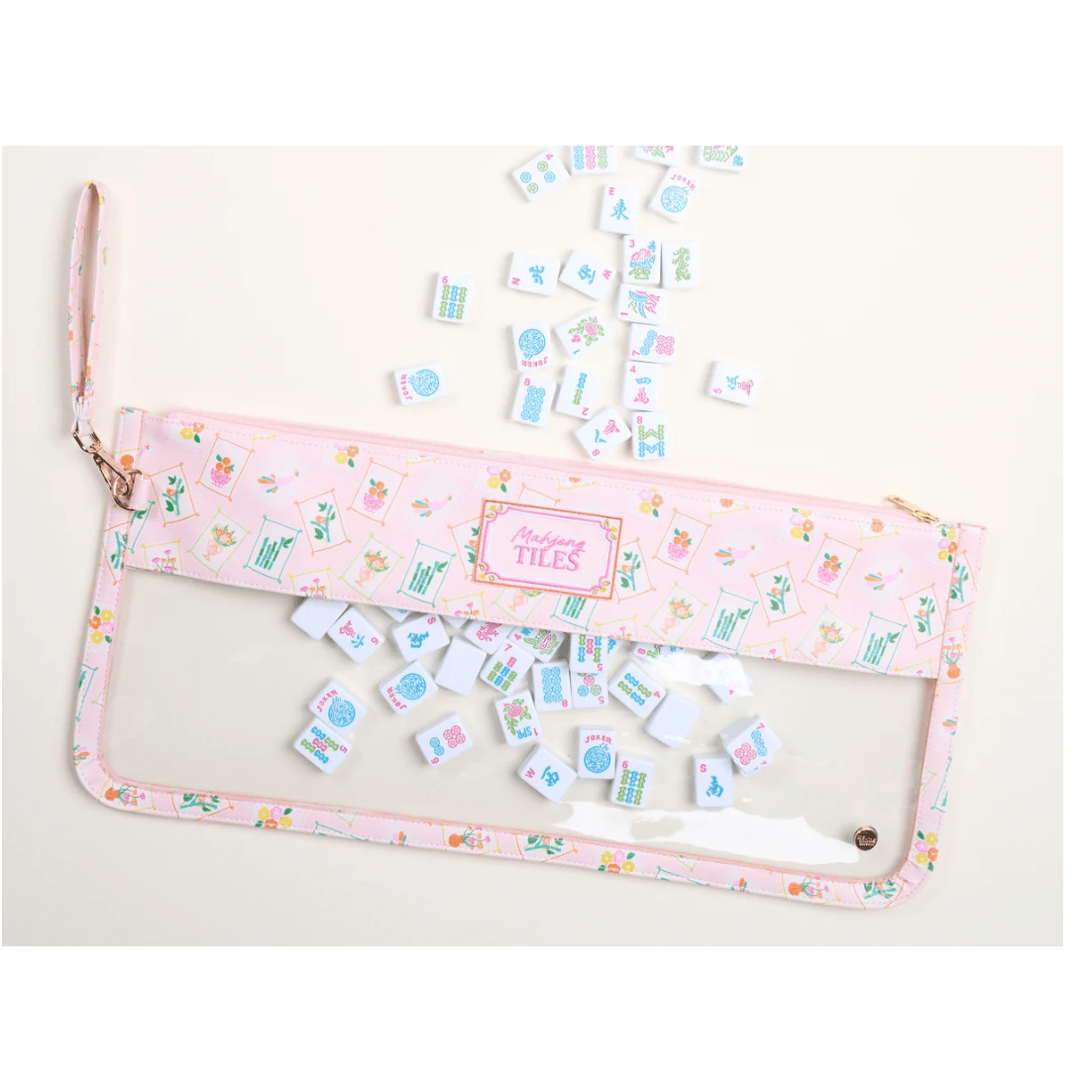 It's Mahj Time Pink Mahjong Tile Keeper Pouch - White Farmhouse Flowers