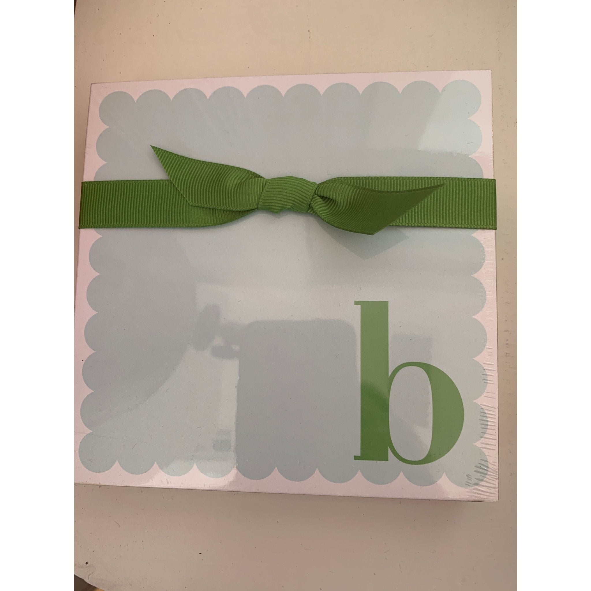 Letter B Scalloped Notepad with Green Ribbon - White Farmhouse Flowers