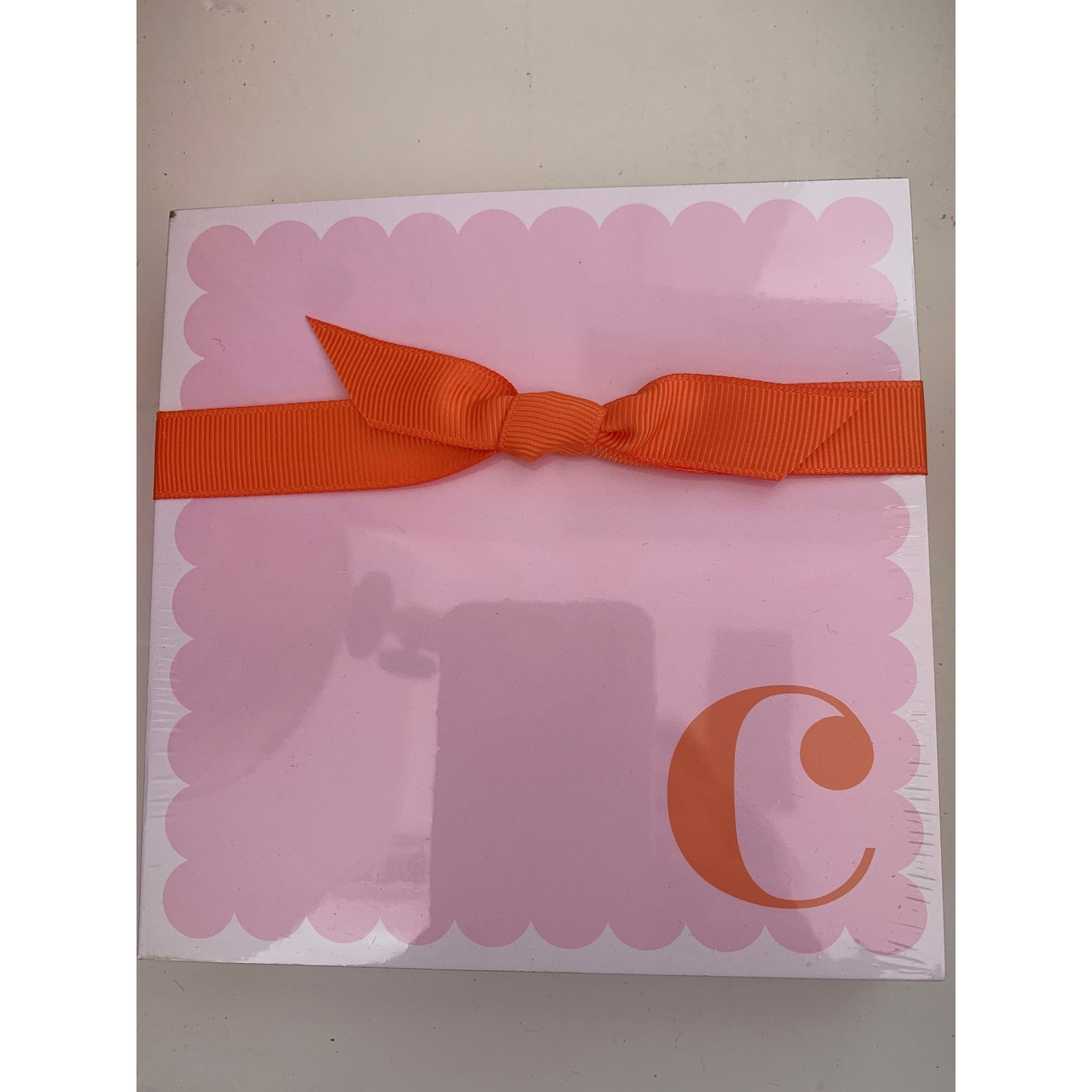 Letter C Scalloped Notepad with Orange Ribbon - White Farmhouse Flowers