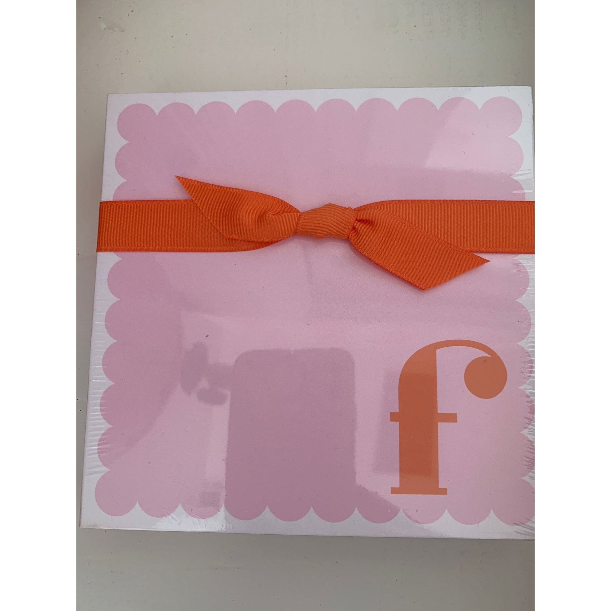 Letter F Scalloped Notepad with Orange Ribbon - White Farmhouse Flowers