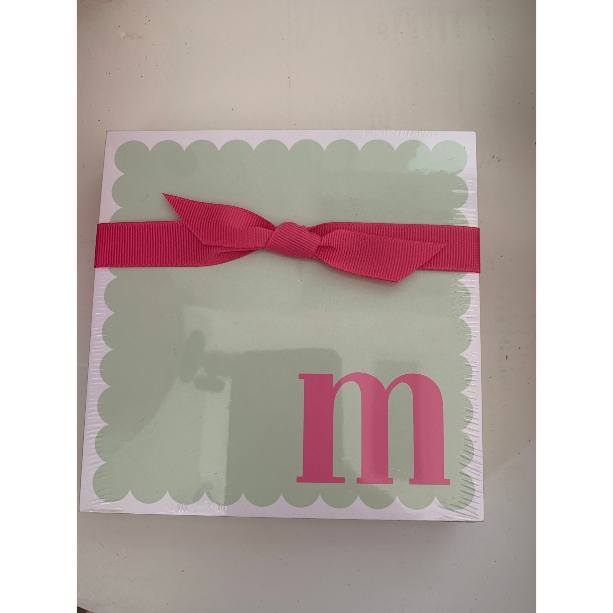 Letter M Scalloped Notepad with Pink Ribbon - White Farmhouse Flowers