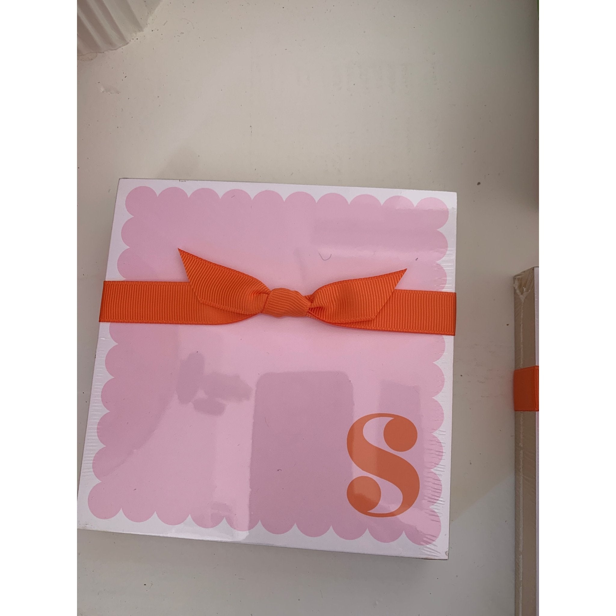 Letter S Scalloped Notepad with Orange Ribbon - White Farmhouse Flowers