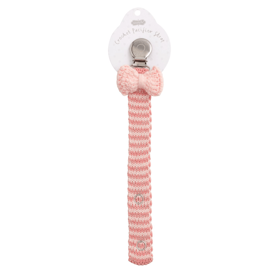 Light Pink Bow Crochet Pacifier Strap - White Farmhouse Flowers