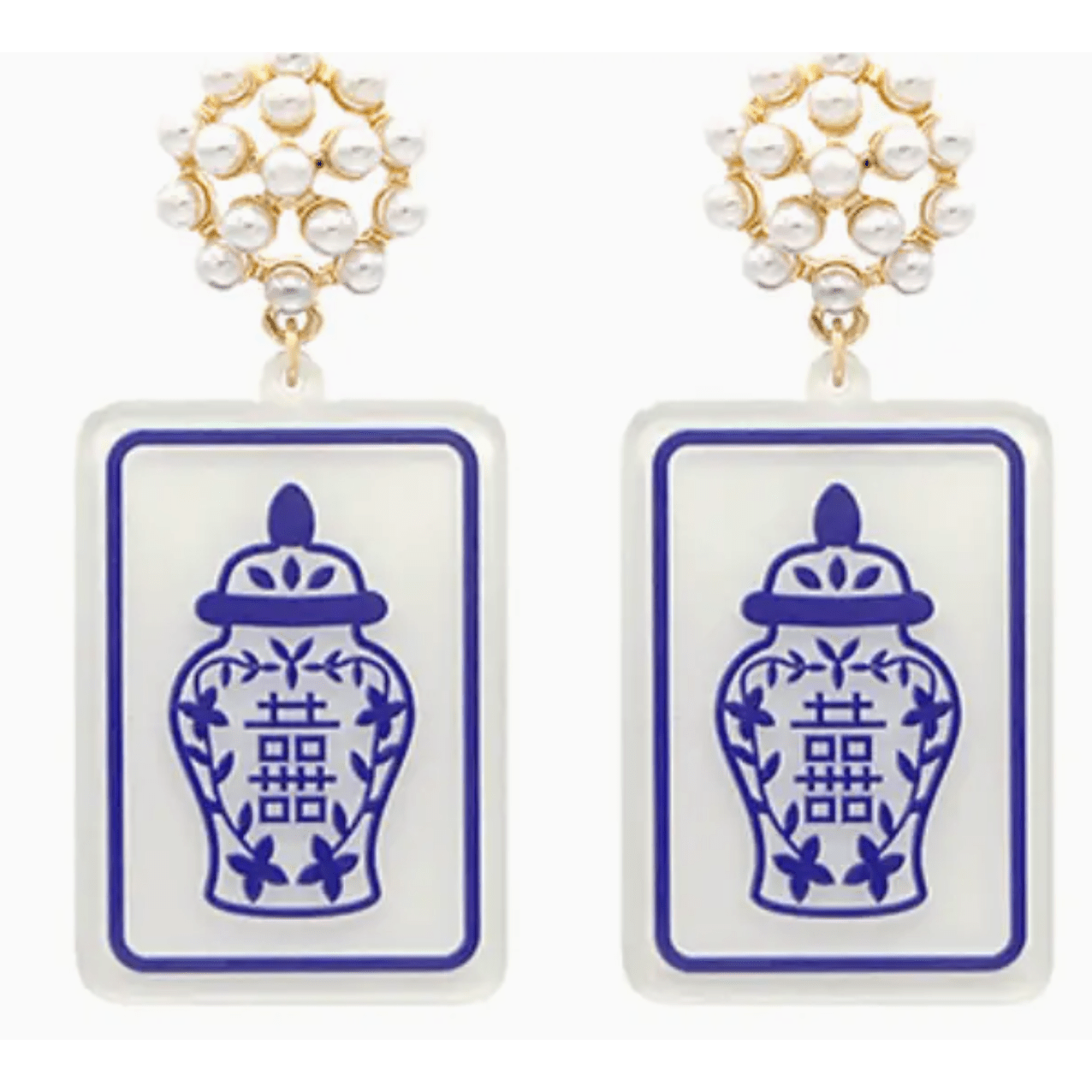 Mahjong Earrings-Blue and White Ginger Jar - White Farmhouse Flowers