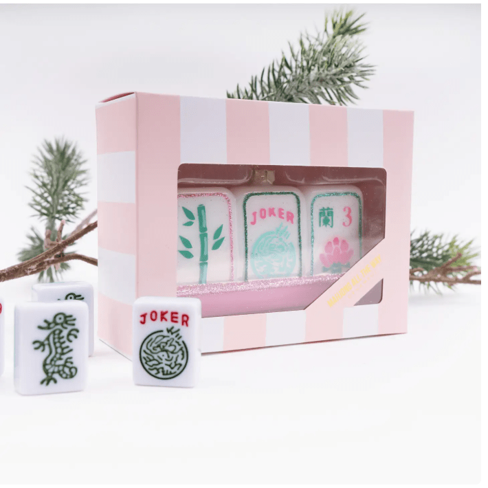 Mahjong Tile Boxed Glass Ornament - White Farmhouse Flowers