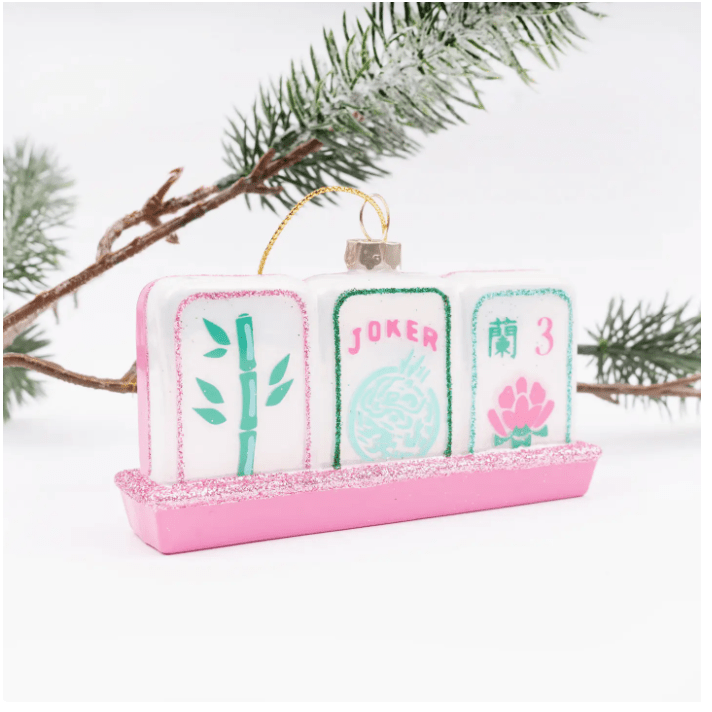 Mahjong Tile Boxed Glass Ornament - White Farmhouse Flowers