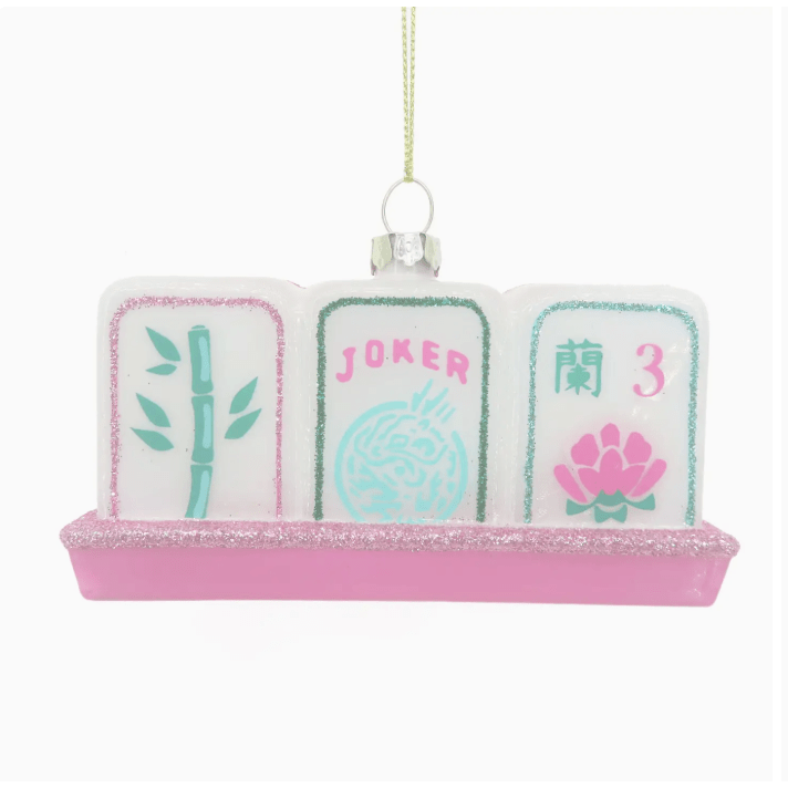 Mahjong Tile Boxed Glass Ornament - White Farmhouse Flowers