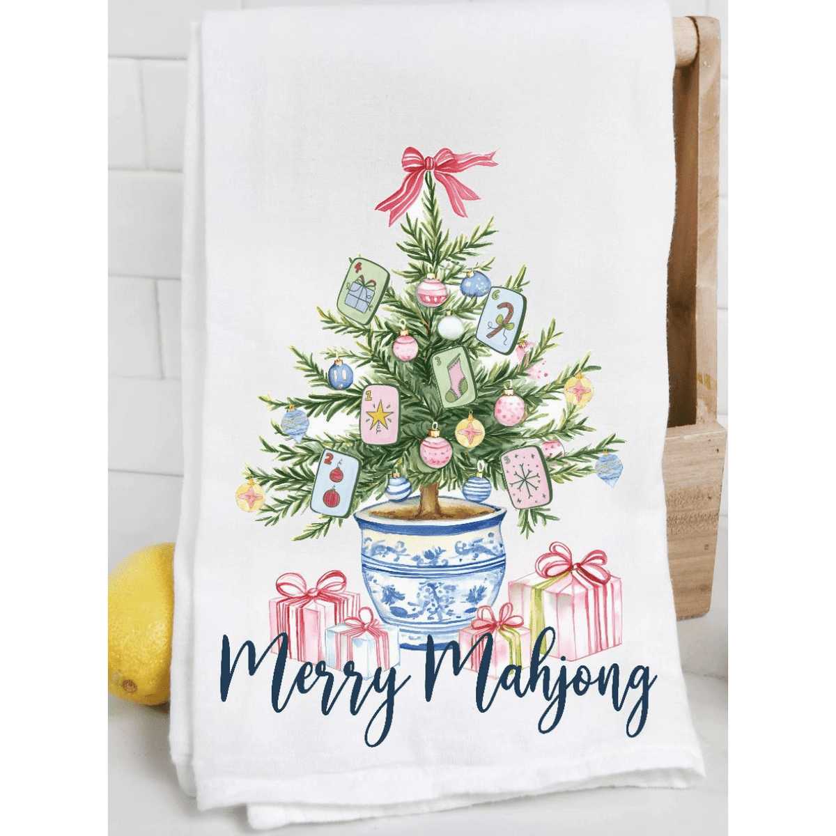 Merry Mahjong Christmas Tree Tea Towel - White Farmhouse Flowers