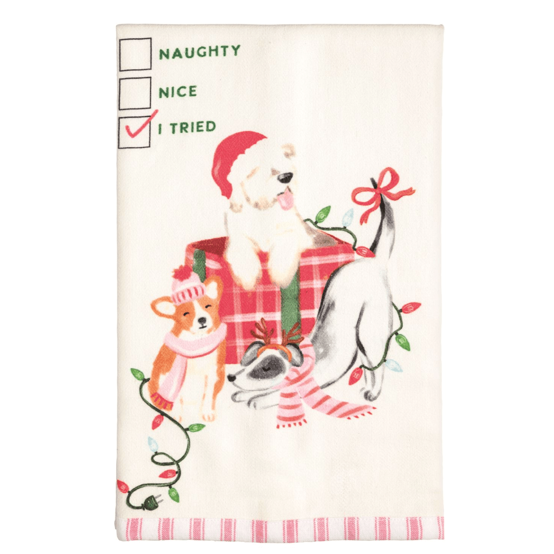 Naughty & Nice Christmas Pet Ric Rac Towel - White Farmhouse Flowers