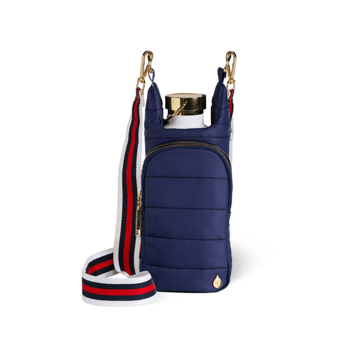 Navy Blue Matte HydroBag® with Red, White, Navy striped Strap - White Farmhouse Flowers