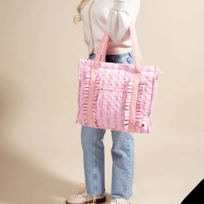 Oh So Fancy Pink The Everyday Quilted Tote Bag - White Farmhouse Flowers