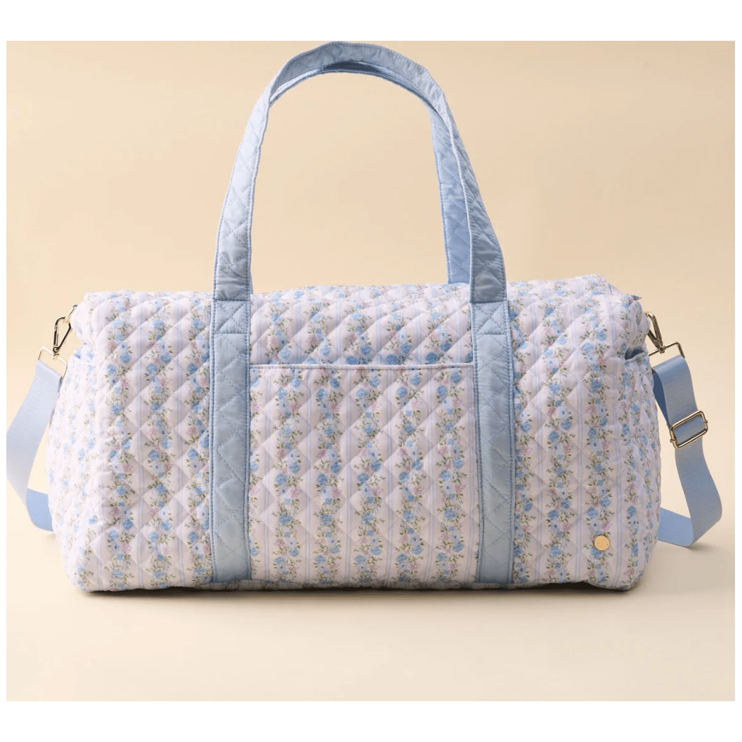 Petal Parade Blue On - the - Go Quilted Weekender Bag - White Farmhouse Flowers
