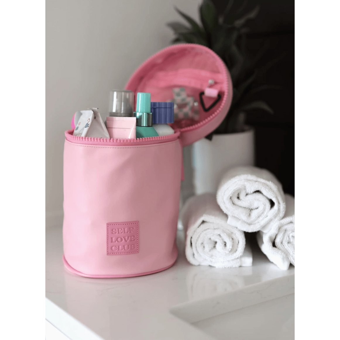 Pink Barrel Organizer Toiletry Bag - Self Love Club - White Farmhouse Flowers
